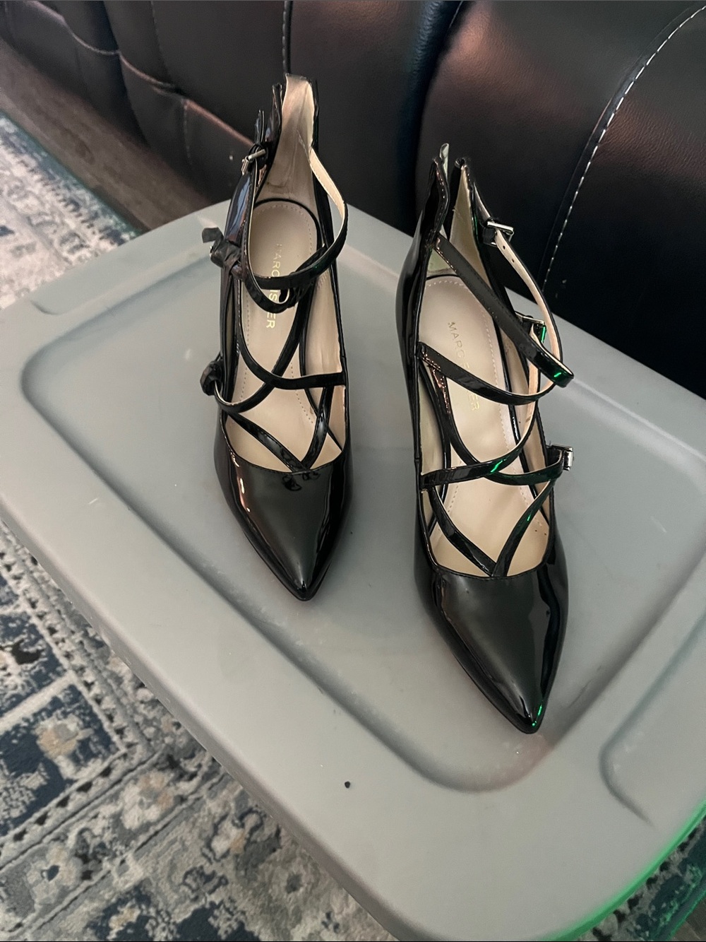 Marc Fisher Black Patent Strappy Pointed-Toe Heels